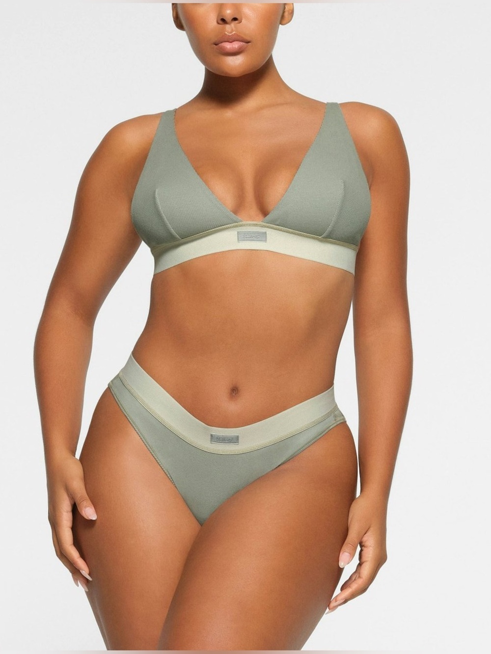 SKIMS Ribbed Plunge Bralette in Mineral size S cozy lounge chic quiet luxury